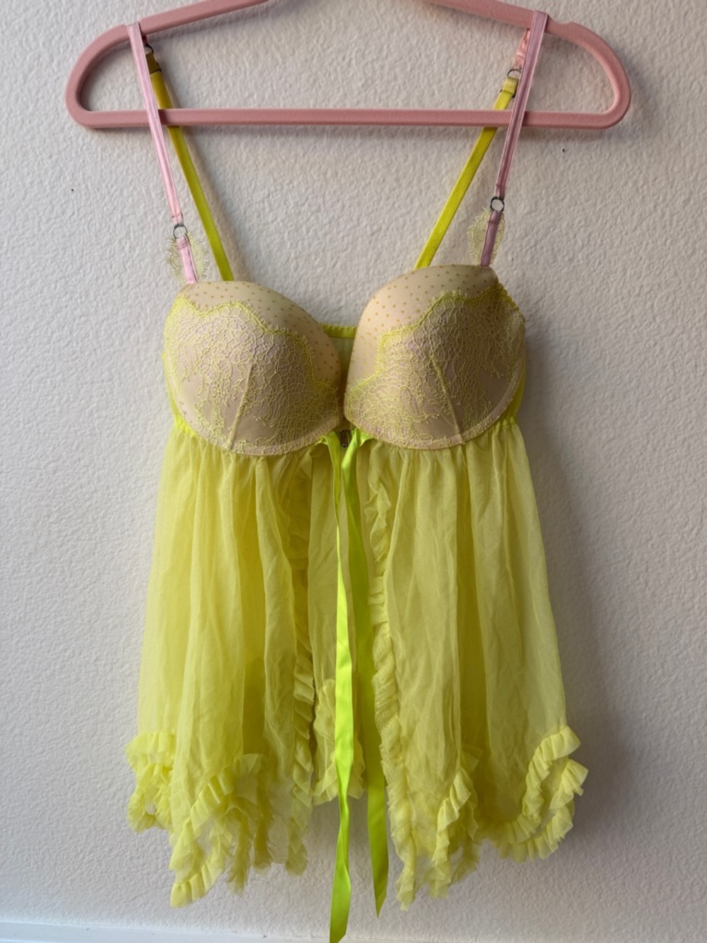 Victoria’s Secret Neon Yellow Lace Babydoll 36C Fairycore Euro Lingerie Y2K
